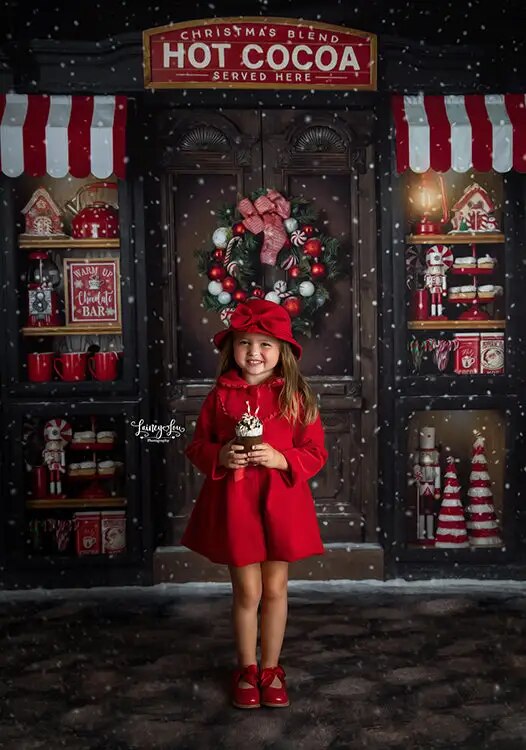 Arrière-plan de magasin de cacao chaud de noël, pour enfants, bébés, photographie, enfants et adultes, hiver, séance photo, flocon de neige, arrière-plan de rue 