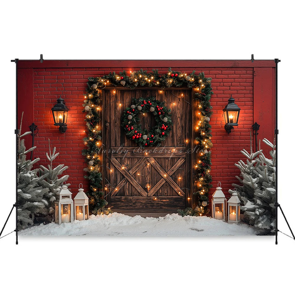 Christmas Photo Backdrop Wooden Barn Door With Fancy Trees Baby Kids Portrait Family Party Photocall Photograhy Background