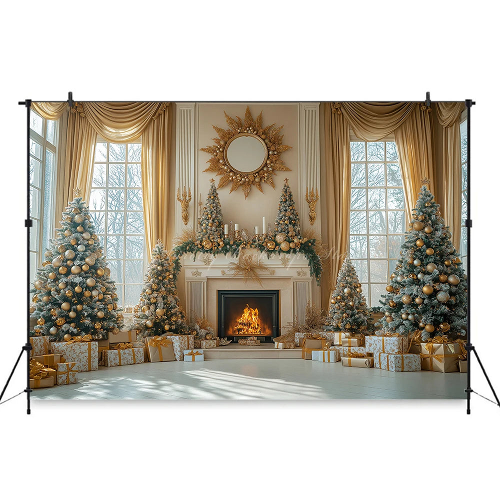 Christmas Backdrop with Fireplace and Large Window Baby Kids Portrait Family Party Photocall Photograhy Background Birthday Prop