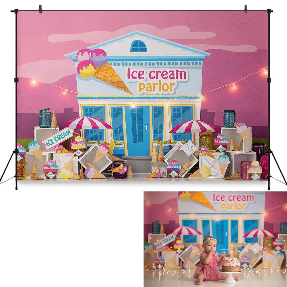 Sweet Summer Nights Backdrop Kids Baby Cake Smash Photocall Decors Ice Cream Parlor Child Girls Adult Birthday Backgrounds