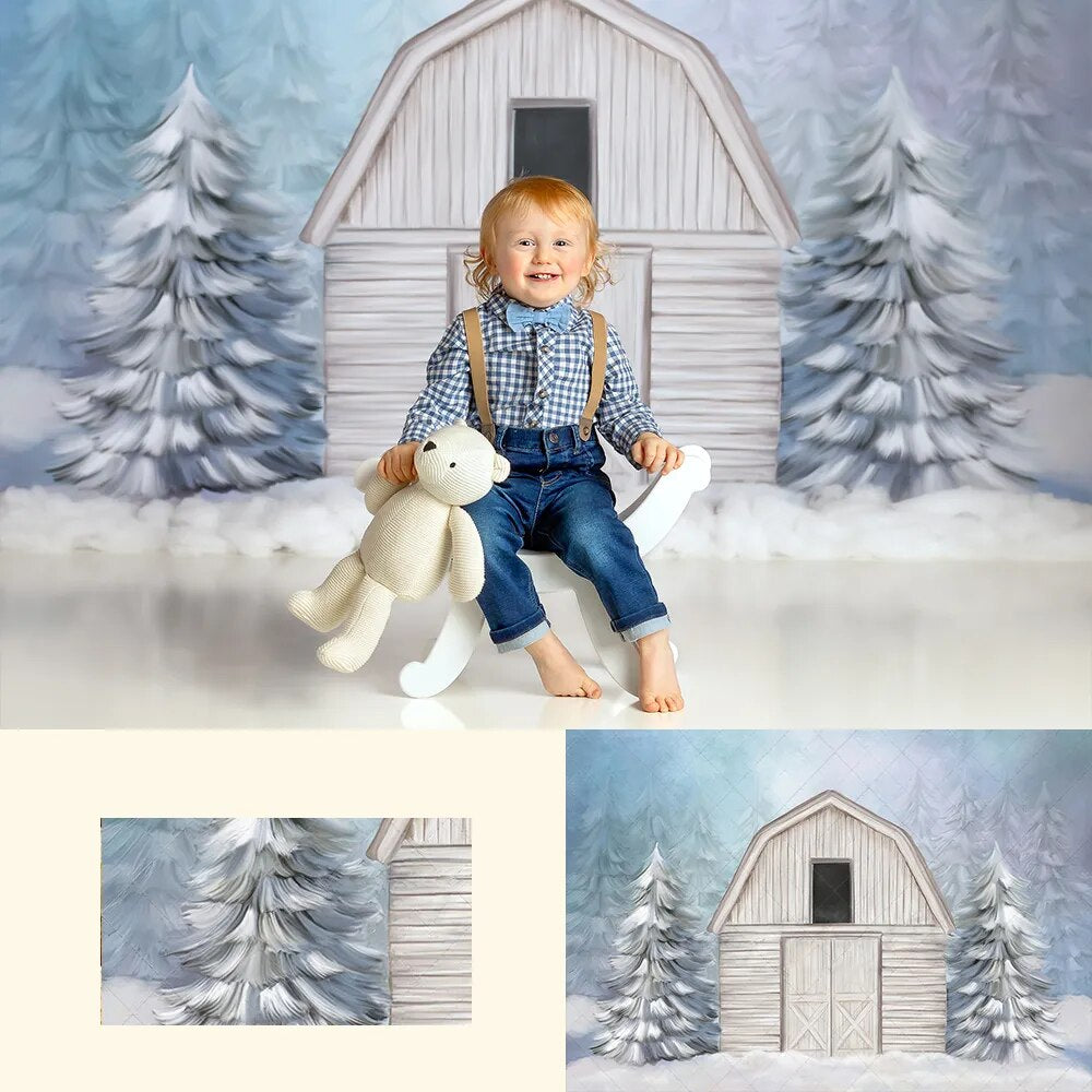 Arrière-plan de grange enneigée blanche, photographie de Portrait d'enfant et d'enfant, accessoires de séance photo pour bébé adulte, arbres de noël, arrière-plan avant de maison de neige 