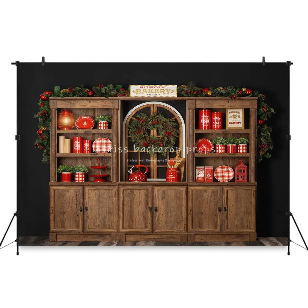 Christmas Kitchen Cupboard Backdrops Kids Photogrpahy Child Adult Family Photocall Festival Xmas Cabinet Background