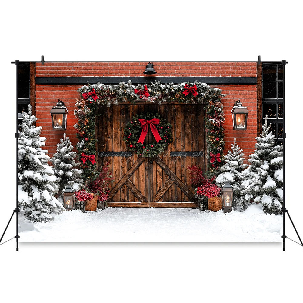 Christmas Photo Backdrop Wooden Barn Door With Fancy Trees Baby Kids Portrait Family Party Photocall Photograhy Background