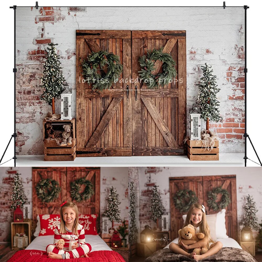 Décor de tête de lit de noël, couronne d'arbres de noël, décor de cheminée, arrière-plan pour enfants, Portrait de bébé, photographie, accessoires de studio photo 