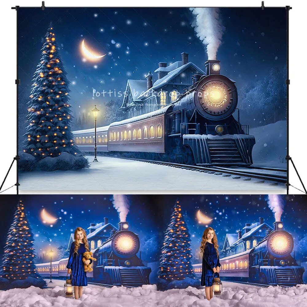 Prendre le Train de minuit arrière-plan enfants photographie noël bébé adulte Photocall enfant enneigé fond de noël 