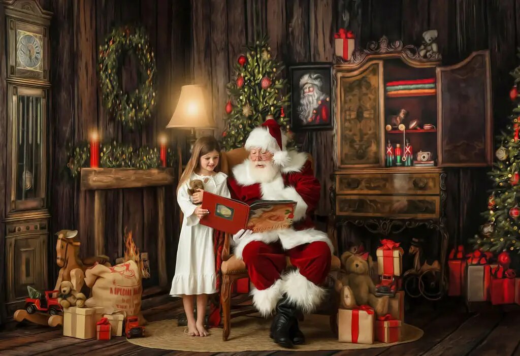 Santas Cabinet of Christmas Wishes Photography Backdrops For Child Portrait Props Family Xmas Fireplace Livingroom Background