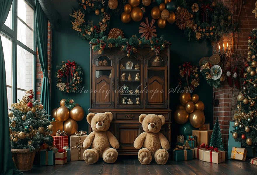 Christmas Theme Little Bear Backdrop Kids Baby Cake Smash Photography Props Fireplace Child Adult Photo Studio Backgrounds