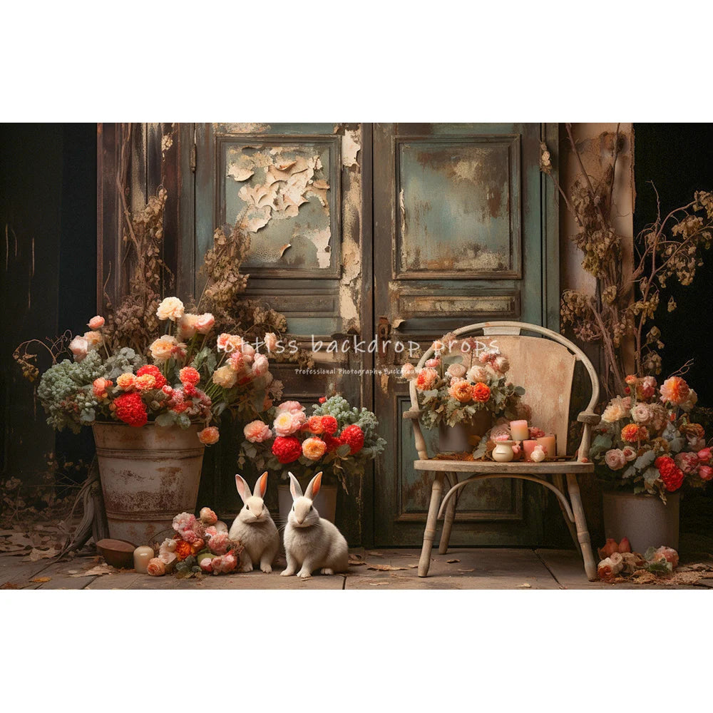 Easter Rustic Wooden Door With Bunnies Eggs And Flowers Backdrops Kids Baby Photography Child Adult Photocall Spring Backgrounds