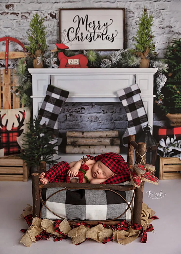 Plaid Christmas Fireplace Backdrops Kids Adult Photography Props Photostudio Xmas Socks Trees Festival Background