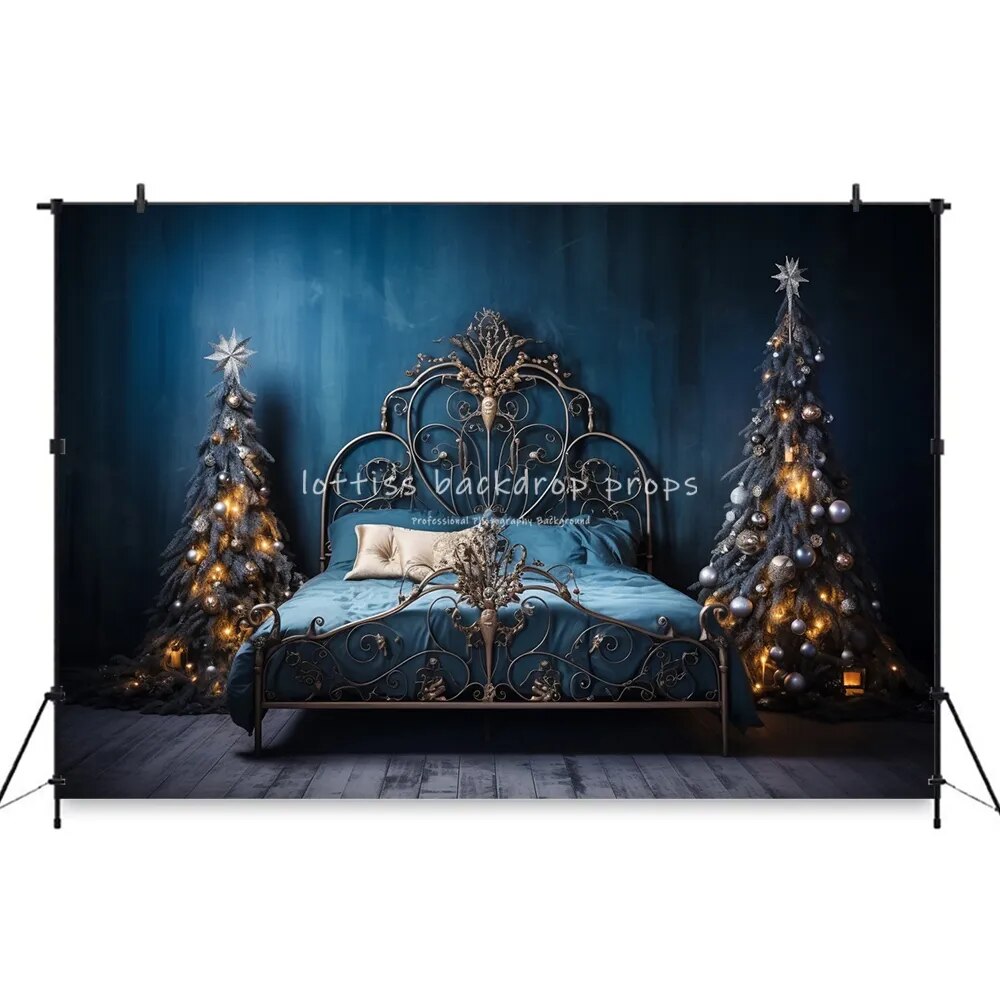 Arrière-plan de tête de lit de noël pour chambre à coucher, accessoires de photographie pour enfants et adultes, décors pour séance photo, arrière-plan d'arbres de noël dorés 