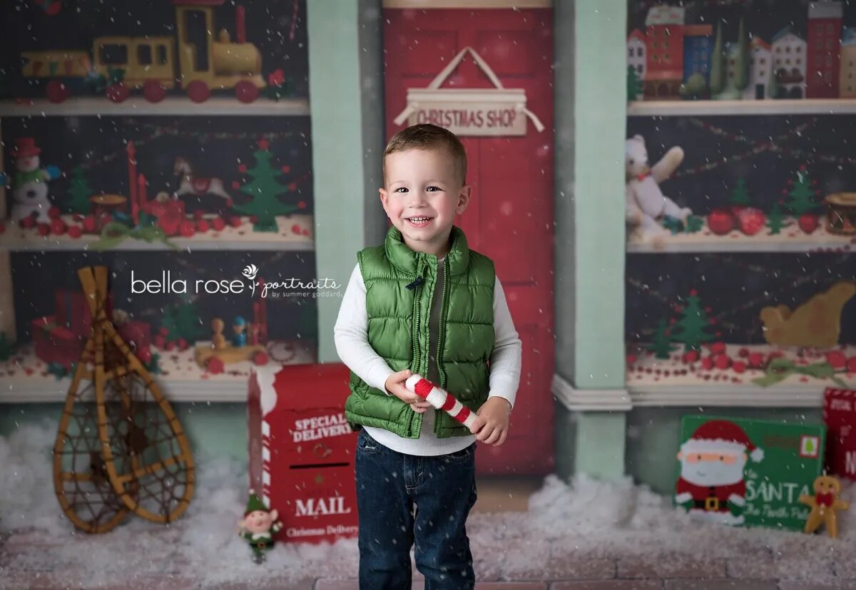 Arrière-plan de magasin de jouets de noël, arrière-plan de gâteau Smash pour adultes et enfants, accessoires de fête de famille d'hiver, flocon de neige, arrière-plan de magasin de bonbons 