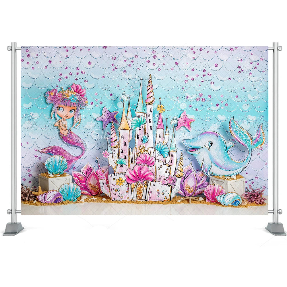 Mermaid Princess Of The Sea Photo Background Shining Castle Girl Birthday Cake Smash Photography Backdrop Photo Studio Props