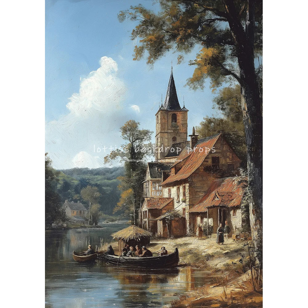 Countryside River Cottage Vintage Scenery Oil Painting Photography Backdrops Kids Adult Photocall Sunset Village Backgrounds