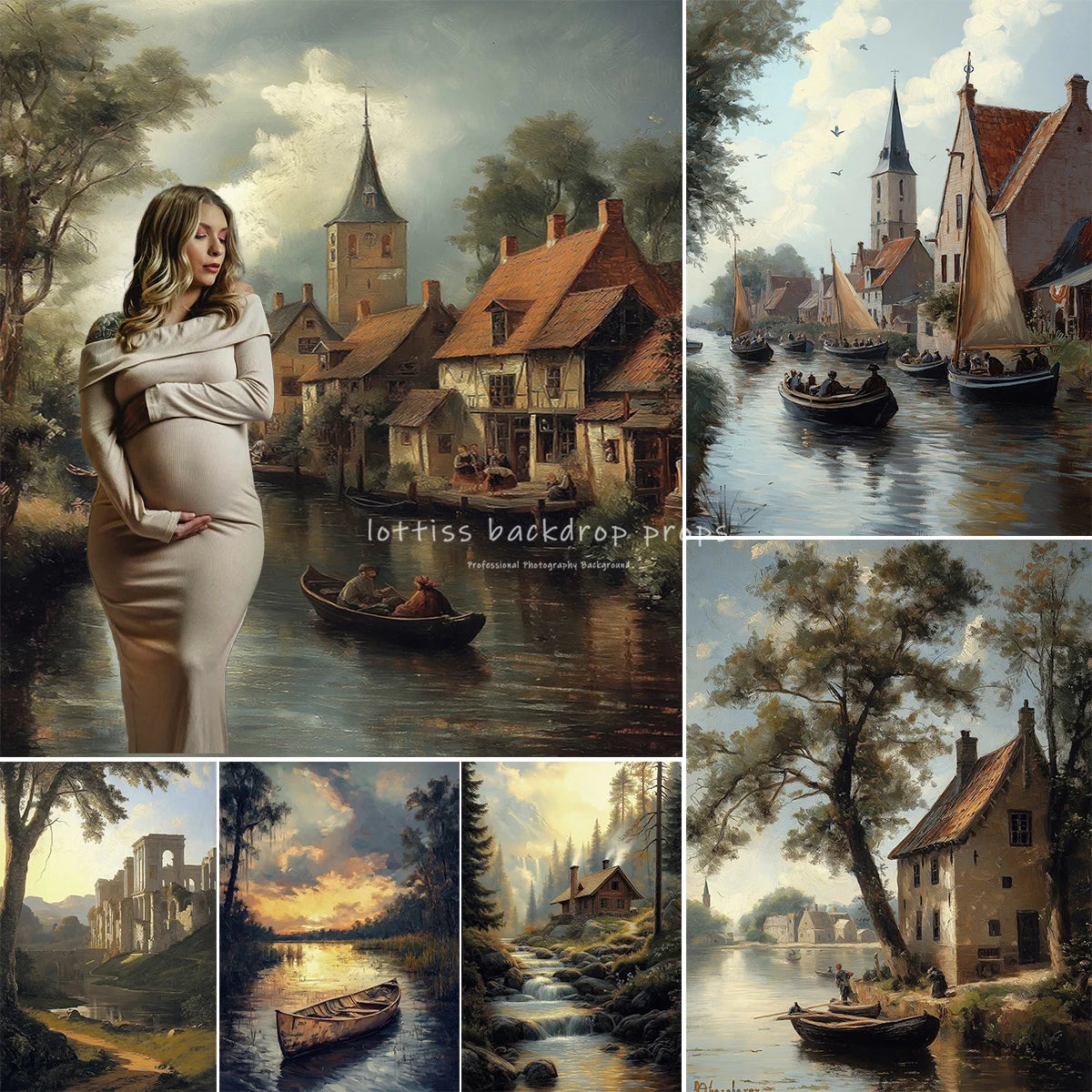 Countryside River Cottage Vintage Scenery Oil Painting Photography Backdrops Kids Adult Photocall Sunset Village Backgrounds