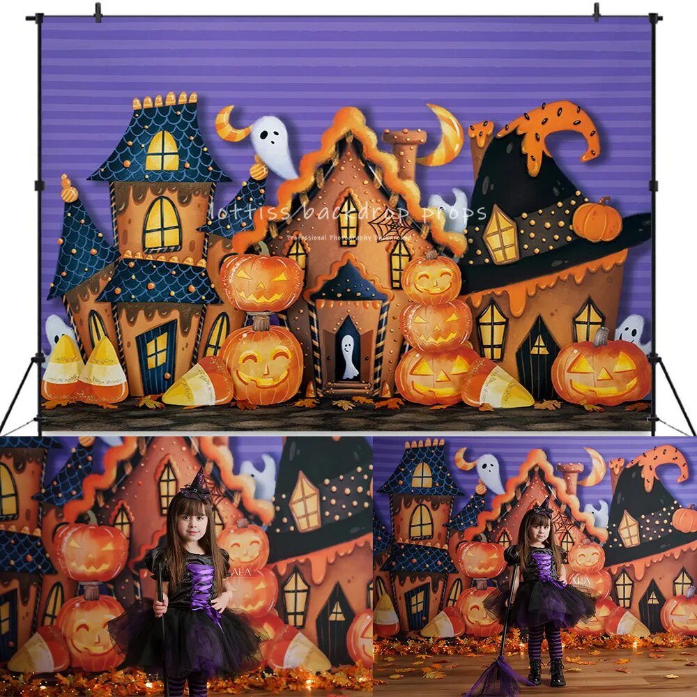 Arrière-plan de Village en pain d'épice d'halloween, accessoires de photographie pour enfants, fête de gâteau pour bébé, arrière-plan de Festival d'anniversaire 