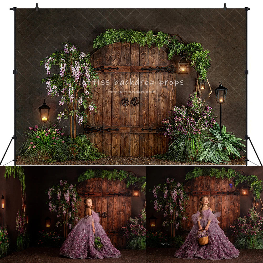 Garden Wooden Door Backdrops Kids Girl Photography Child Adult Birthday Cake Smash Photocall Decors Floral Arch Backgrounds