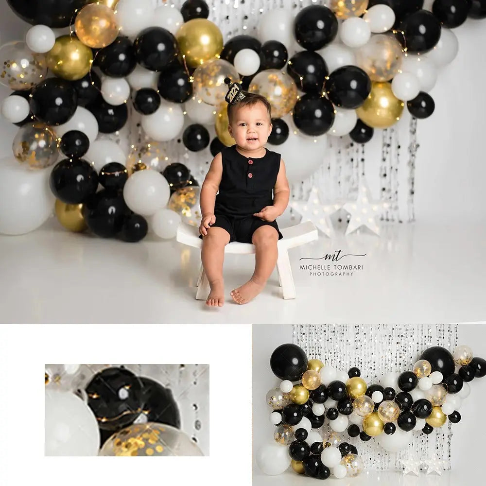 Gold and Black Balloon Garland Photography Backdrop Kids Baby Cake Smash Photocall Decors Child Adult Birthday Backgrounds