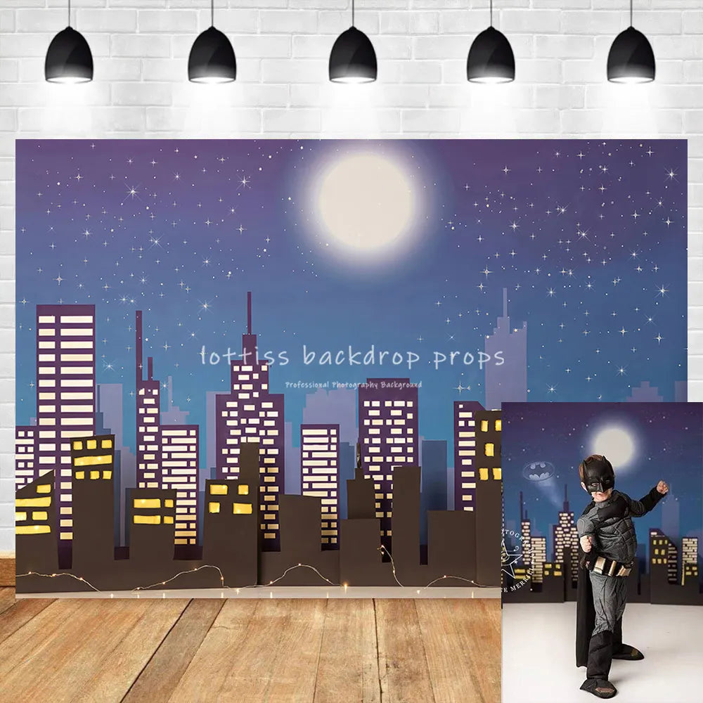 Cityscape Superhero Backdrops Boy Child Cake Smash Decors Baby Birthday Party Props Skyscraper City Background Photostudio