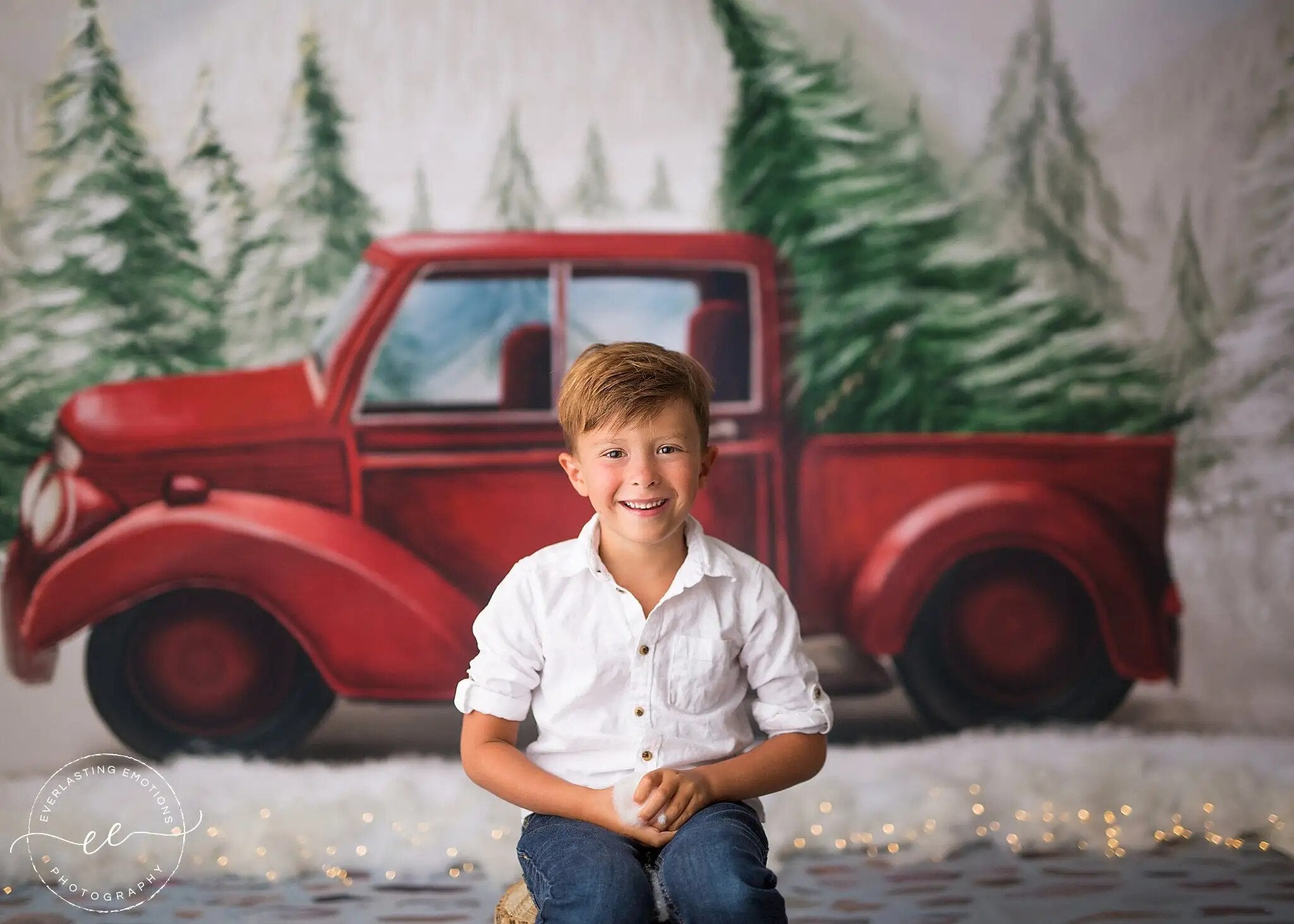 Arrière-plan de petit camion rouge enneigé d'hiver, arrière-plan de photographie de Portrait d'enfant et adulte, flocon de neige, arrière-plan de forêt pour accessoires de studio photo 