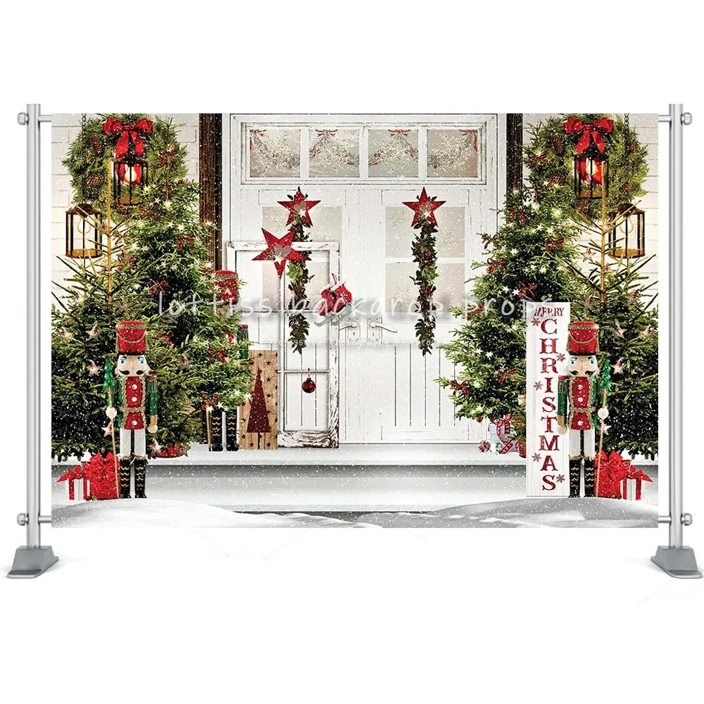 Christmas Winter Street House Photography Backdrop Toy Tree Cart Wreath Kids Birthday Portrait Background Photo Studio