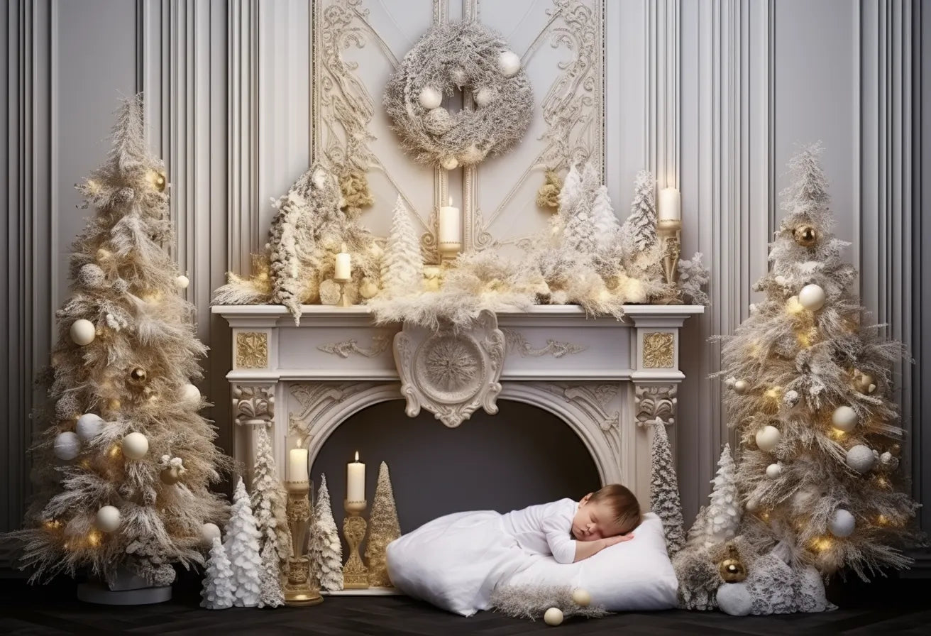 Noël argent cheminée décors enfants adultes photographie accessoires enfant bébé Photocall couronne arbres de noël salon fond 