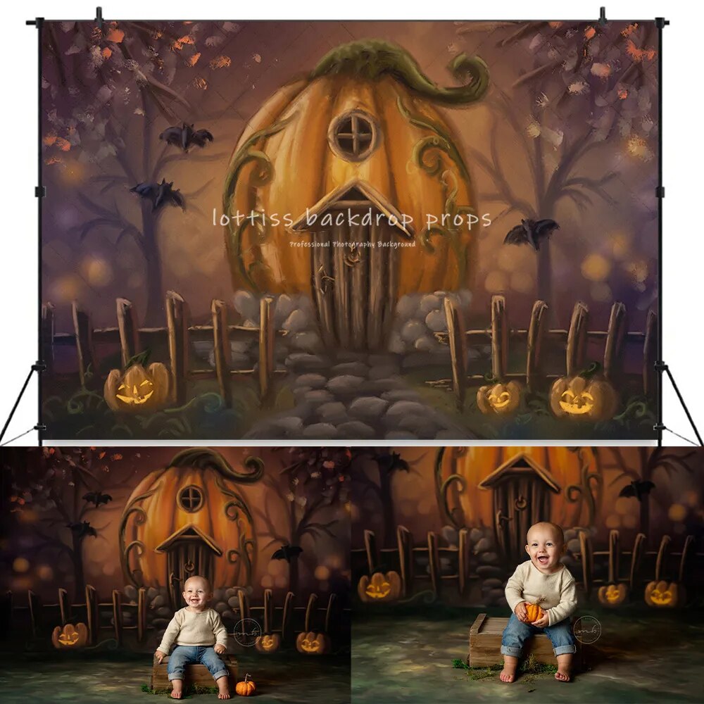 Arrière-plan de maison de citrouille effrayante d'halloween, accessoires de photographie pour enfants et bébés, gâteau d'anniversaire pour adultes et enfants, arrière-plan de Festival Smash 