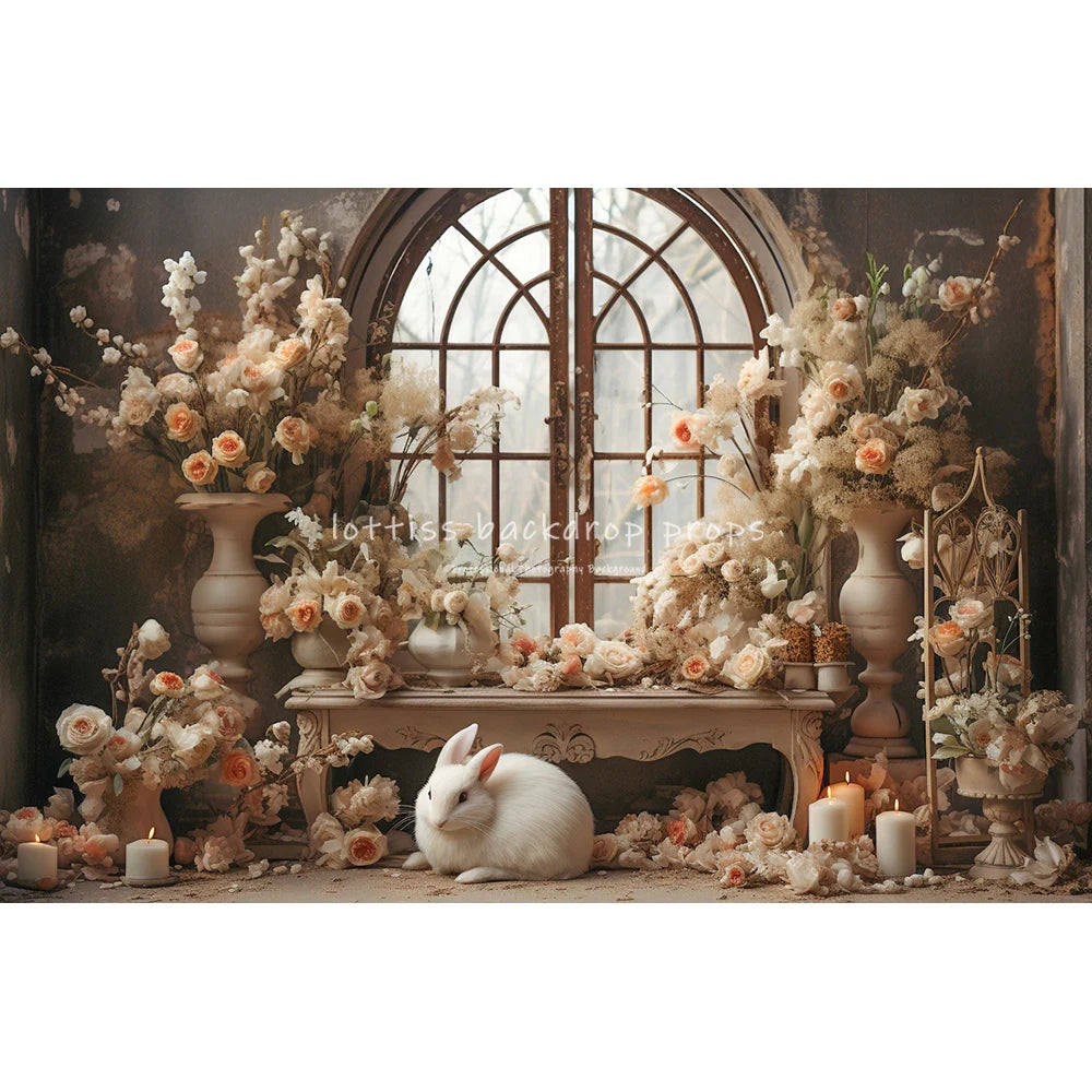 Easter Bunny On Windows With Large Flowers Backdrops Kids Baby Photocall Child Adult Photocall Spring Floral Eggs Backgrounds