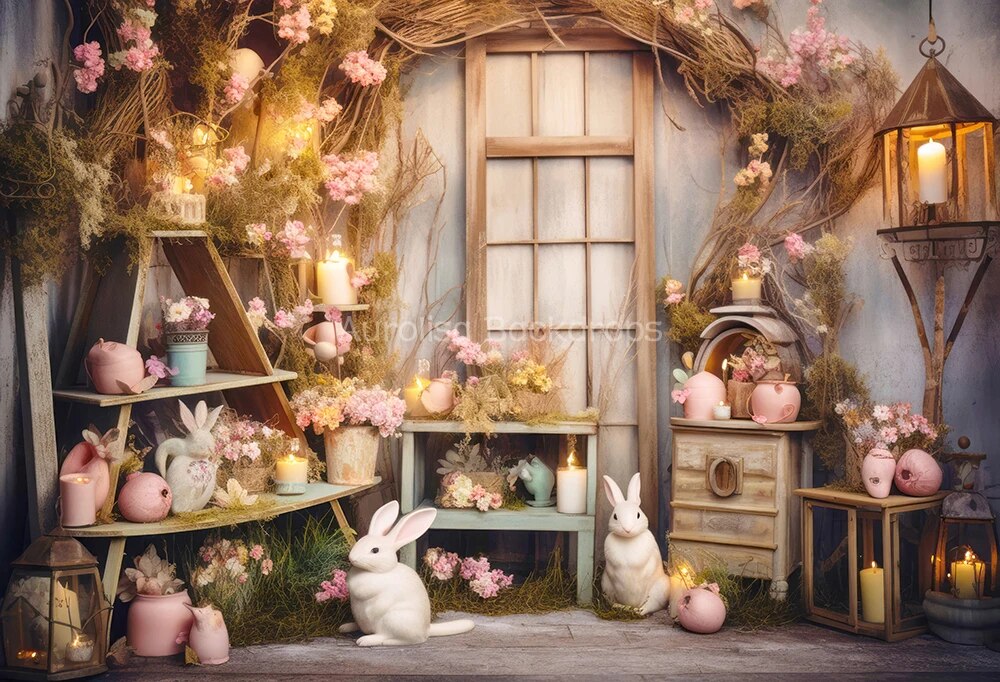 Garden Doors Backdrops Kids Baby Spring Photography Props Child Adult Girl Photocall Country Pink Rose Floral Bunny Background