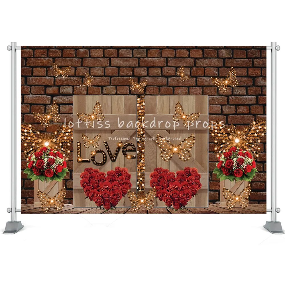 Valentines' Day Backdrop Display Window Floral Shop Carts Brick Wall Deco Marriage Kids Family Portrait Rose Props Background