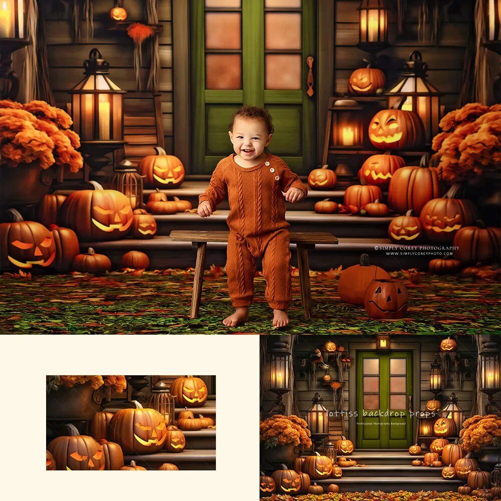 Pumpkin Porch Green Door Backdrops Kids Adult Photography Child Baby Photocall Props Autumn House Front Background