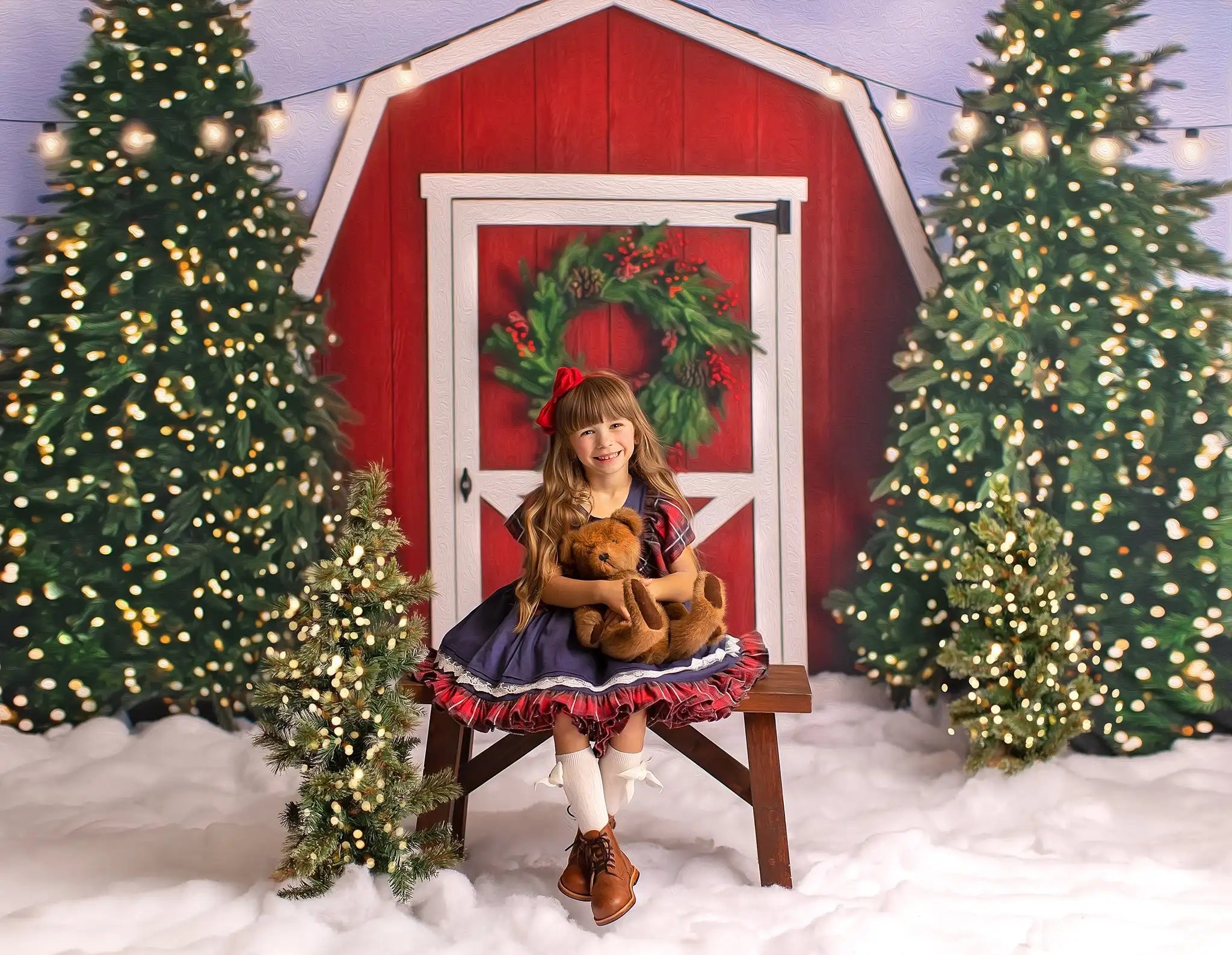 Christmas Snowy Tree Farm Photography Backdrop Red Barn in the Forest Kids Baby Cake Smash Photocall Decors Family Party Props