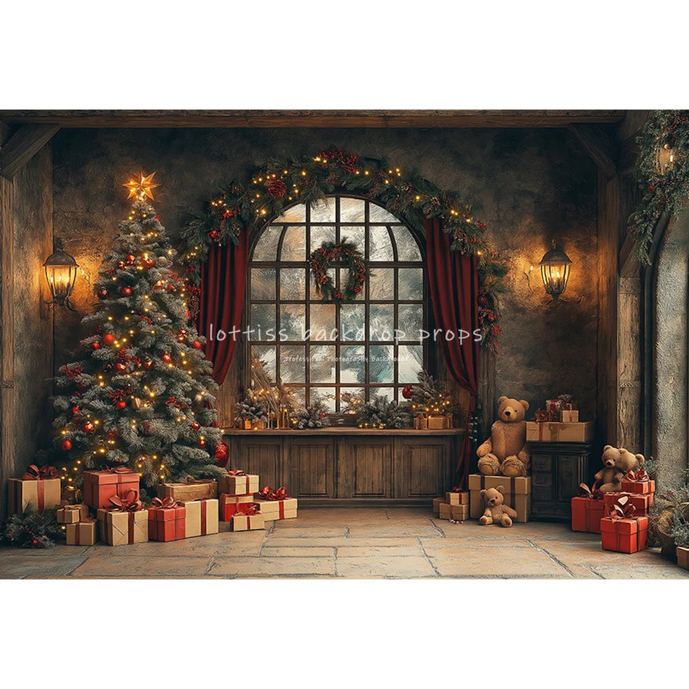 Christmas Trees Room Backdrops Kids Family Photography Child Adult Photocall Winter Fireplace Retro Cottage Backgrounds