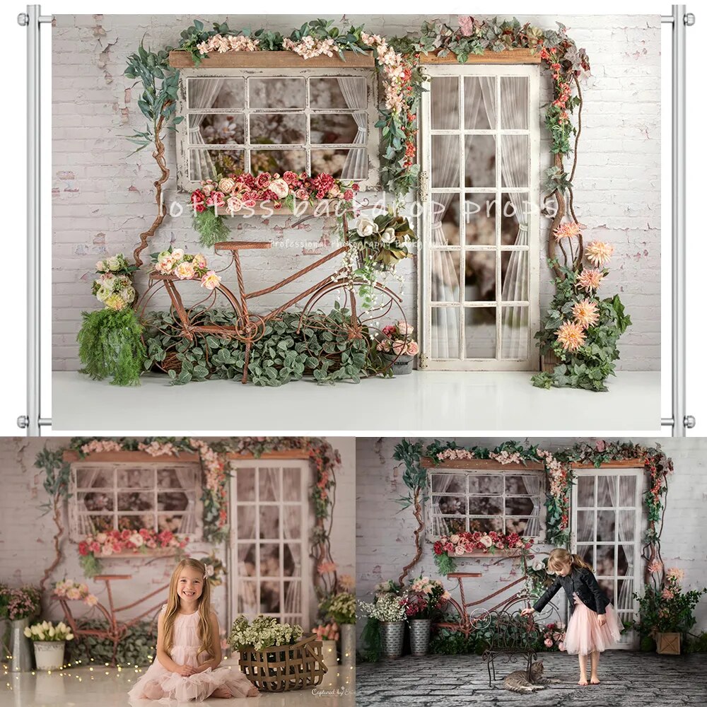 Garden Bicycle Backdrops Kids Adult Cake Smash Photocall Baby Portrait Props Baby Shower Spring Flower Decors Background