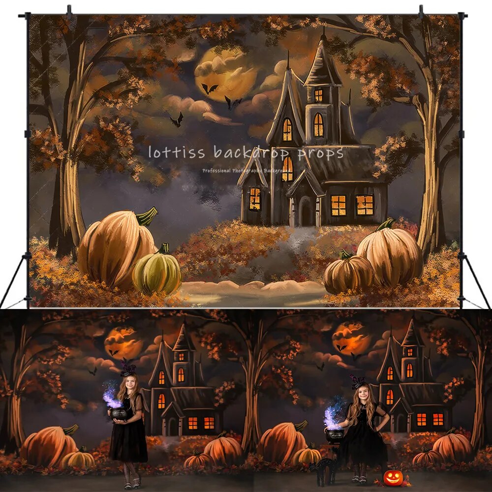 Arrière-plan de château d'halloween, accessoires de photographie pour enfants et adultes, pour séance photo de bébé, lanterne de citrouille maléfique 