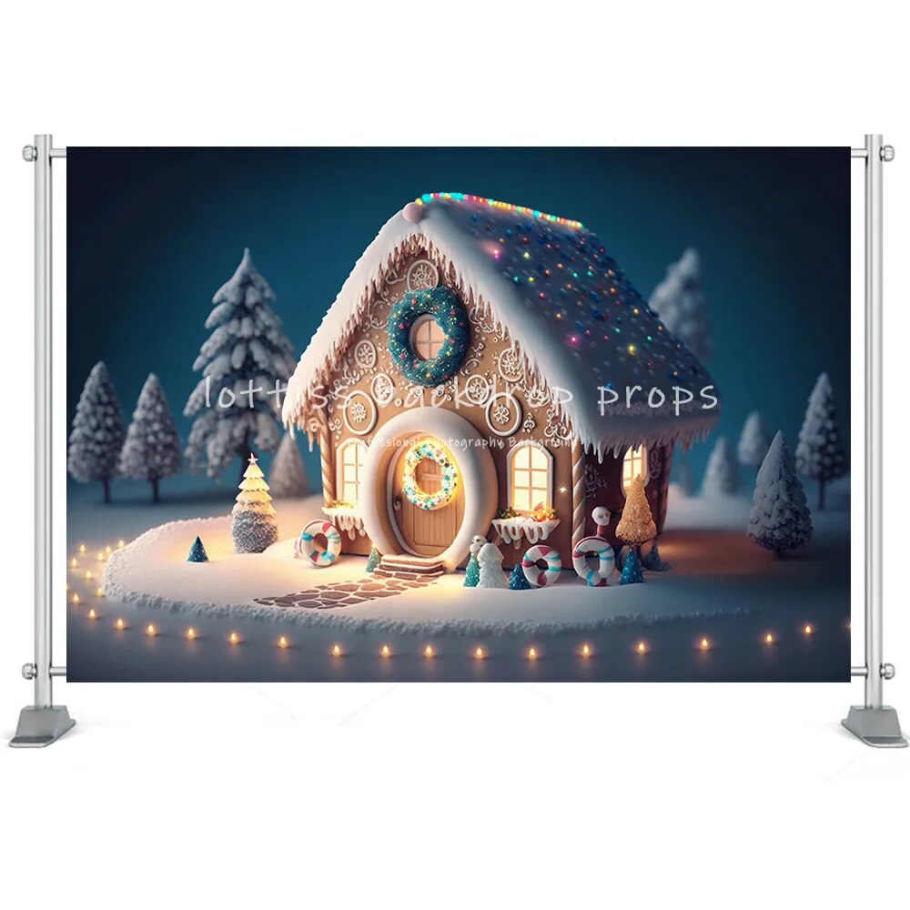 Christmas Backdrop Winter Santa Claus Boots Candy House Snow Forest Tree Farm Family Portrait Photography Background