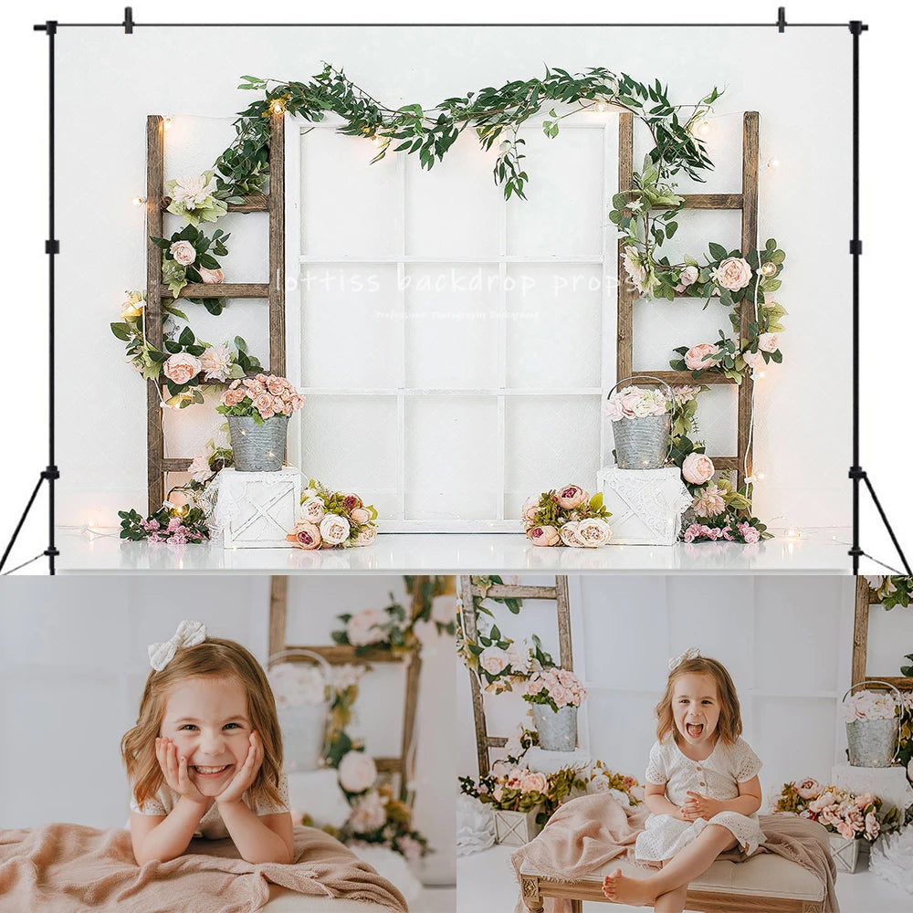 Springtime Ladder Garden Backdrops Kids Adult Photography Child Adult Photocall Cake Smash Birthday Decors Spring Backgrouds