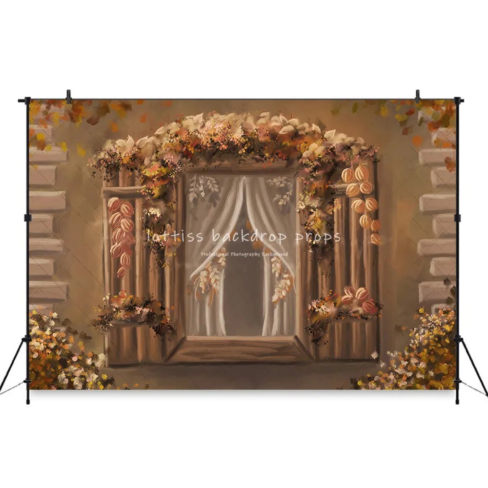 Autumn Windows Backdrops Kids Adult Pohtography Props Child Baby Photocall Birthday Cake Smash Fall Leaves House Background