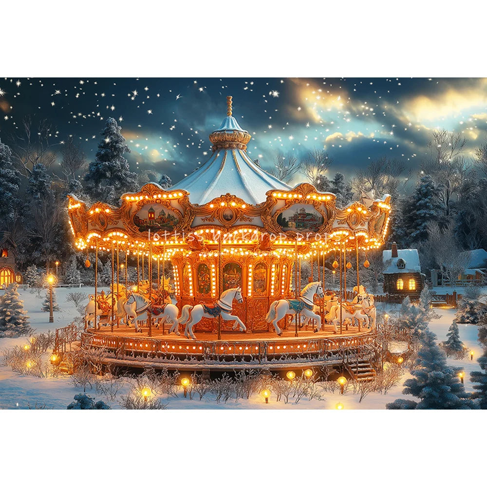 Winter Carousel Wooden Barn Cottage Backdrops Kids Adult Photography Child Baby Photocall Snowflake Forest Backgrounds