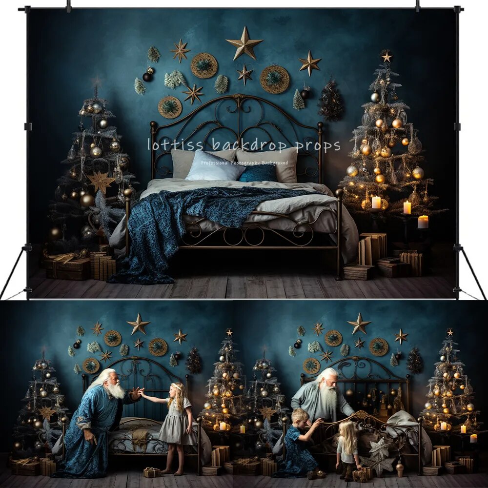 Arrière-plan de tête de lit de noël pour chambre à coucher, accessoires de photographie pour enfants et adultes, décors pour séance photo, arrière-plan d'arbres de noël dorés 