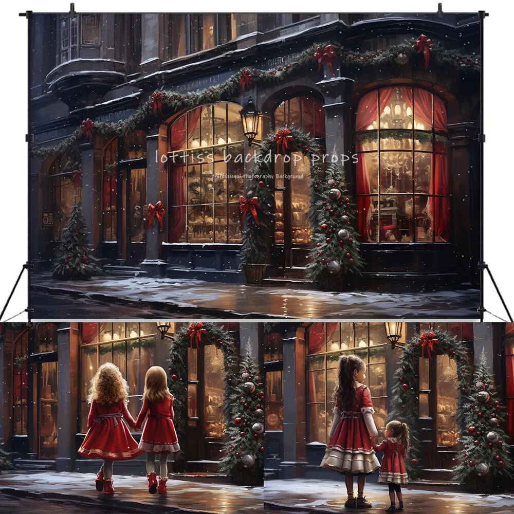 Christmas Street Backdrops Kids Baby Photography Props Child Adult Photocall Decors Snowy Xmas Store Front Background