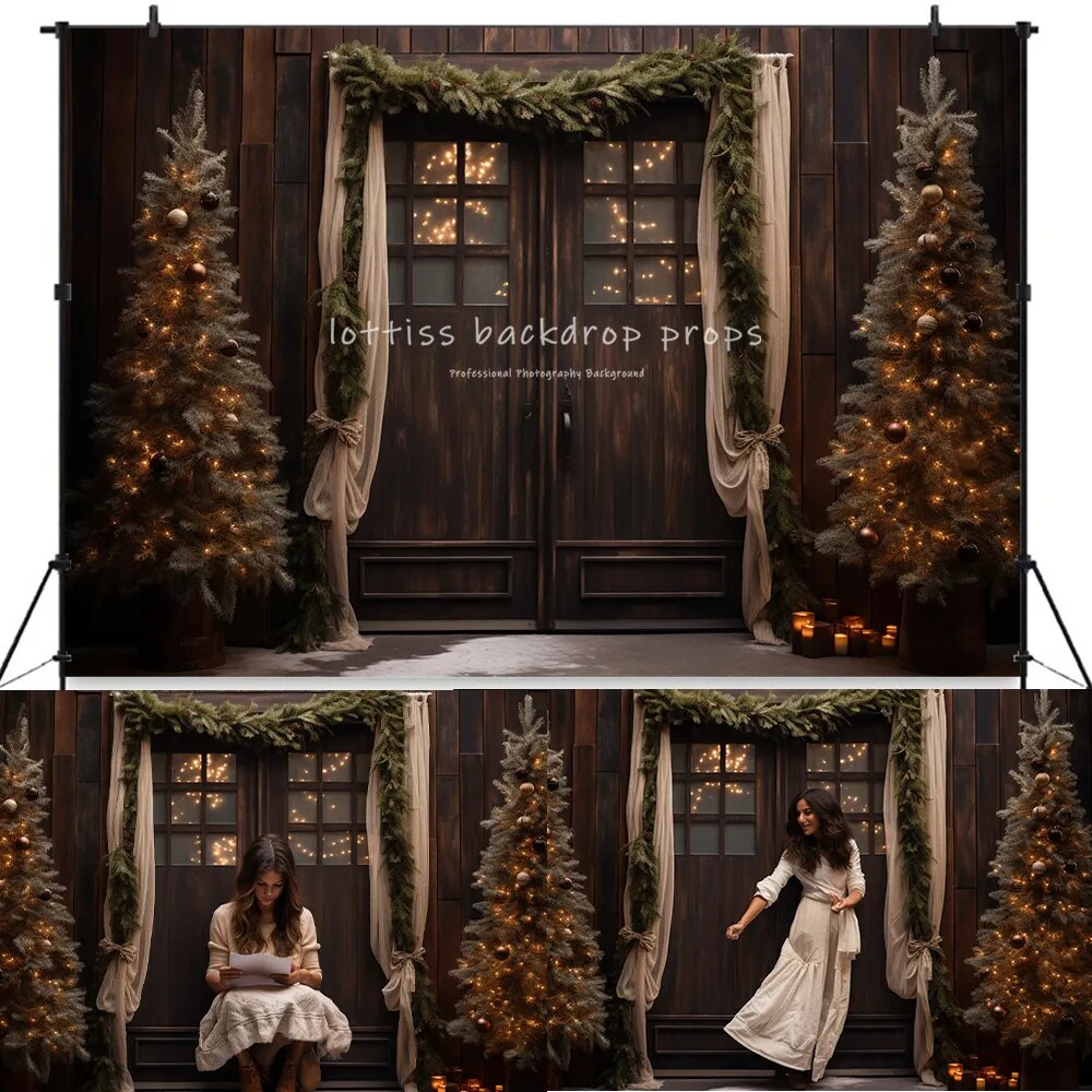 Christmas Wooden Door Backdrops Retro Door Kids Baby Photography Props Child Adult Photocall Decors Xmas Trees Castle Background