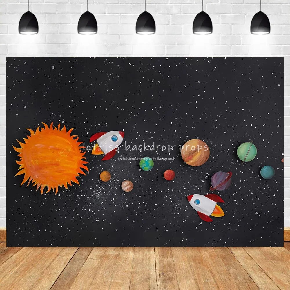 Space Adventurer Backdrops Kids Baby Cake Smash Props Child Portrait Photocall Rocket Spaceship Bacground Birthday Photostudio