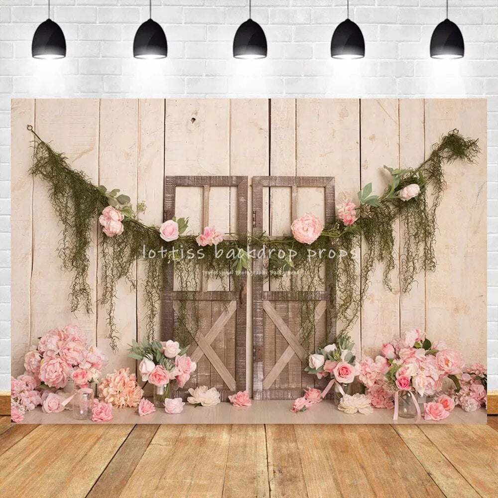 Spring Garden Barn Door Backdrops Kids Cake Smash Props Girl Adult Portraut Birthday Party Decors Baby Photocall Photostudio