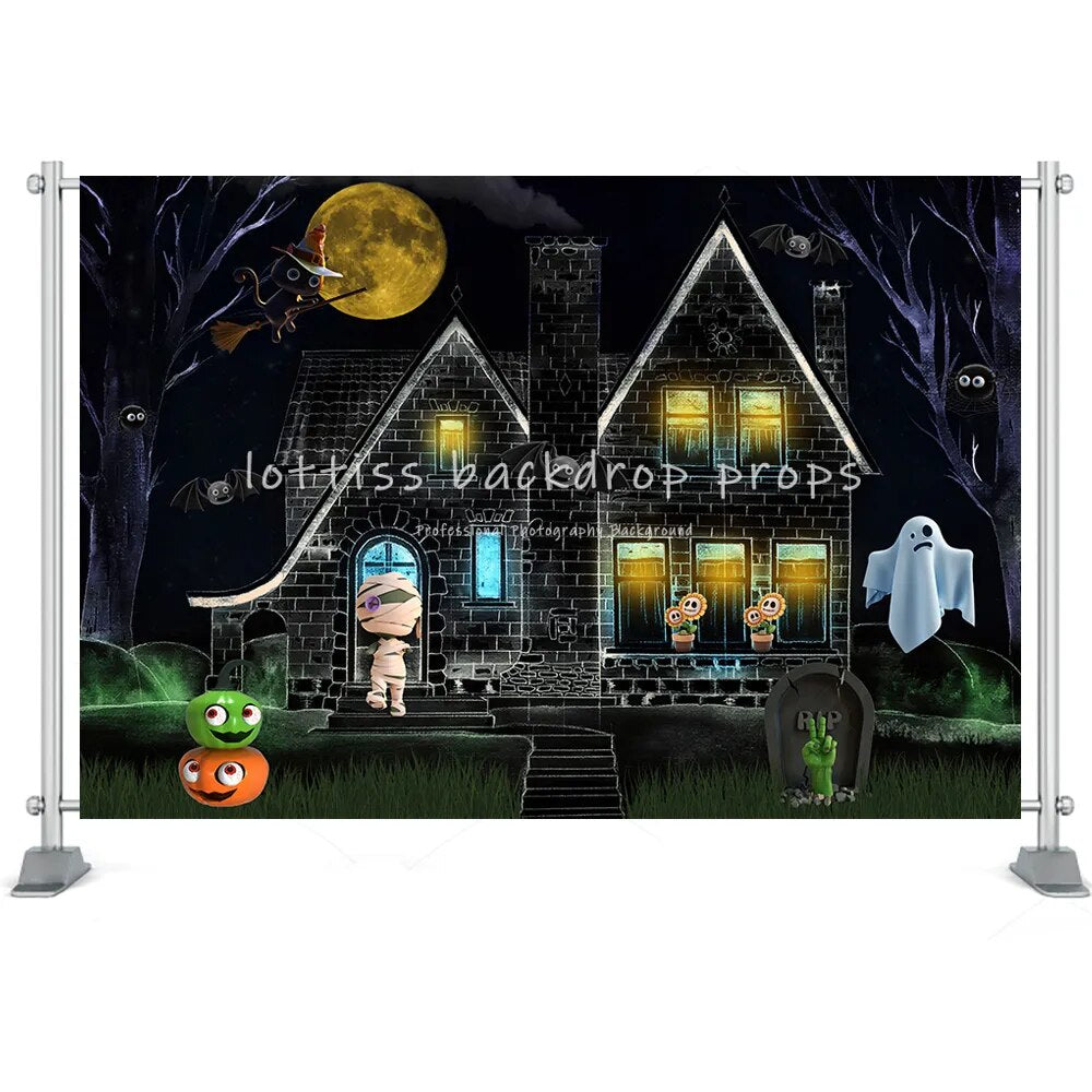 Halloween grande citrouille lanterne fond horreur lune nuit cimetière photographie enfants anniversaire Portrait atoile de fond Photo Studio