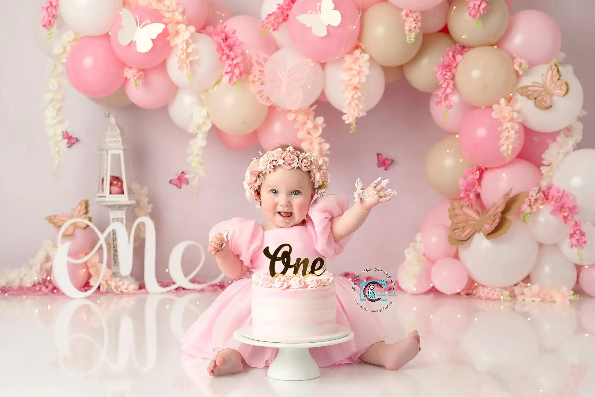 Pink White Butterflies Balloons Flower Arch Backdrops Kids Baby Cake Samsh Photocall Child BIrthday Backgrounds