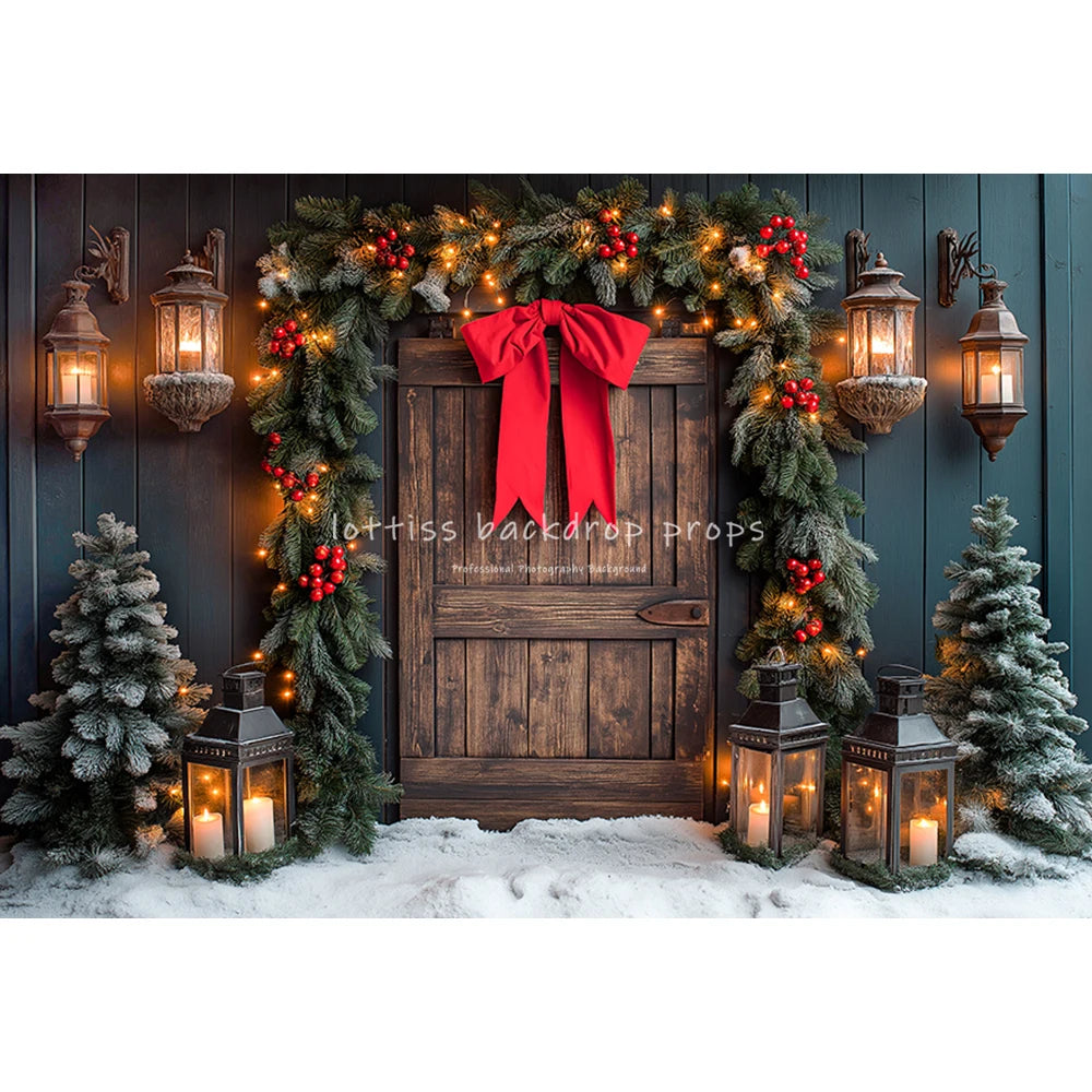 Winter Christmas Cottage Backdrops Kids Adult Photography Country House Entrance Red Door Gift Box Xmas Trees Backgrounds