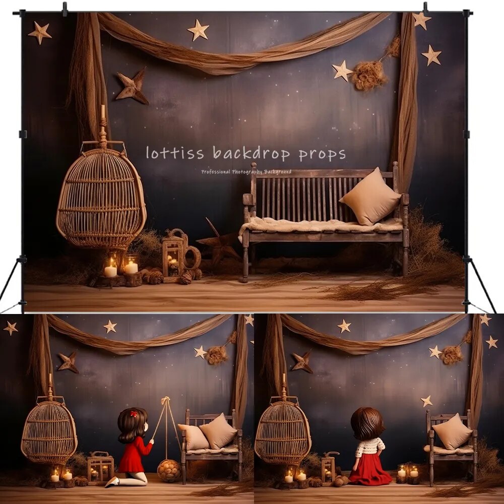 Evening Moon Bedroom Backdrops Winter Xmas Kids Photography Child Baby Photocall Decors Star Sleeping Background