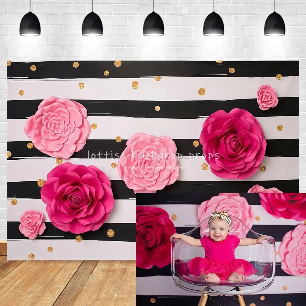 Rose Floral Wall Backdrops Kids Cake Smash Props Children Baby Portrait Photocall Black White Wall Garden Background