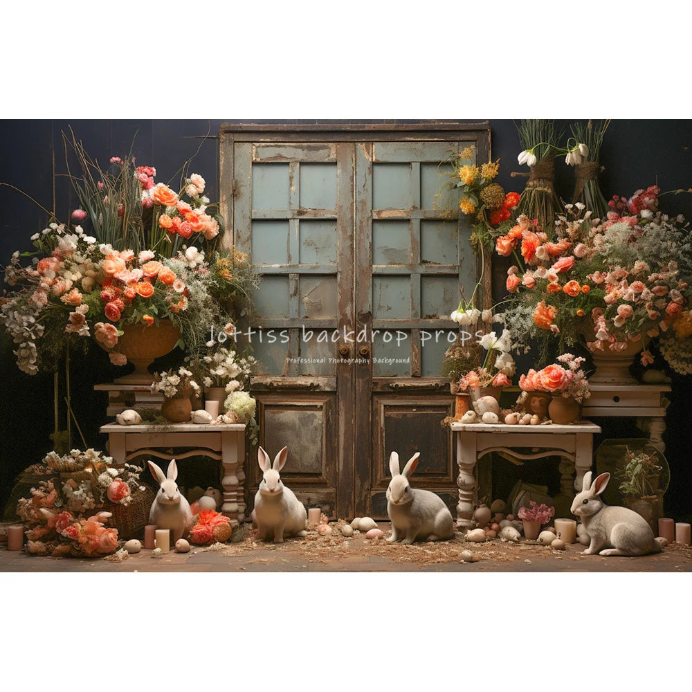 Easter Rustic Wooden Door With Bunnies Eggs And Flowers Backdrops Kids Baby Photography Child Adult Photocall Spring Backgrounds