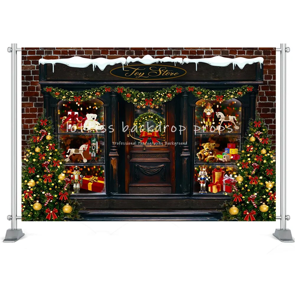 Christmas Toy Store Photography Backdrop Toy Horse Gingerbread House Xmas Room Kids Portrait Background Vintage Wood Door Decor